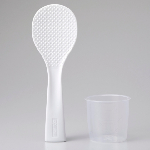Self-standing rice spatula and measuring cup accessories