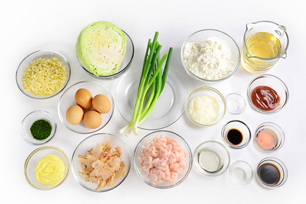 
            	<i>Okonomiyaki</i> with Shrimp, <i>Kansai</i>-Style  Ingredients
      	