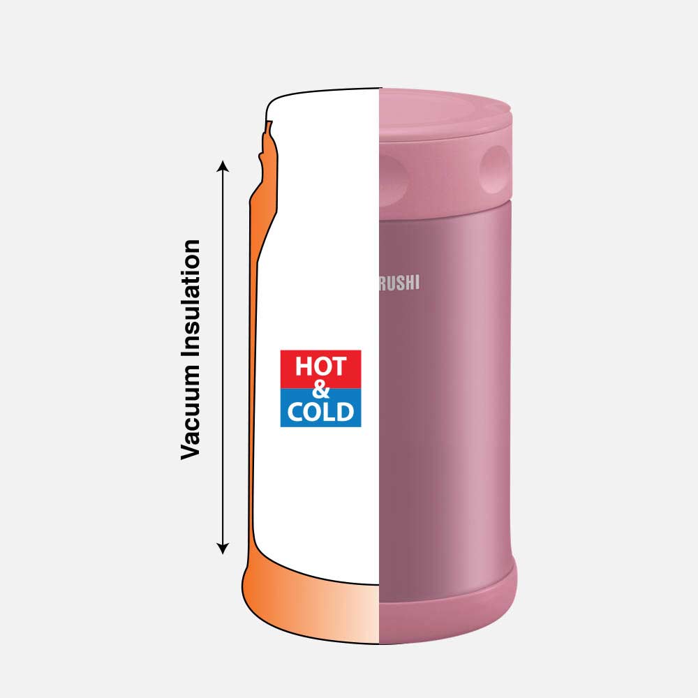 Pink food jar with a graphic depicting the vacuum insulation