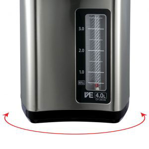 Front view of the VE Hybrid Water Boiler with a red circular double ended arrow on the bottom pointing out a swivel movement