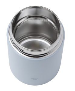 Blue stainless steel food jar open with a clear view of the stainless interior