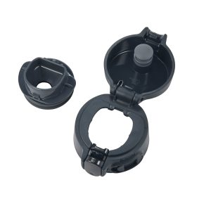 Disassembled black lid in two parts facing up 