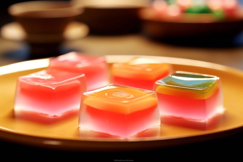 Gold plate served with translucent cubes with fruit filling inside