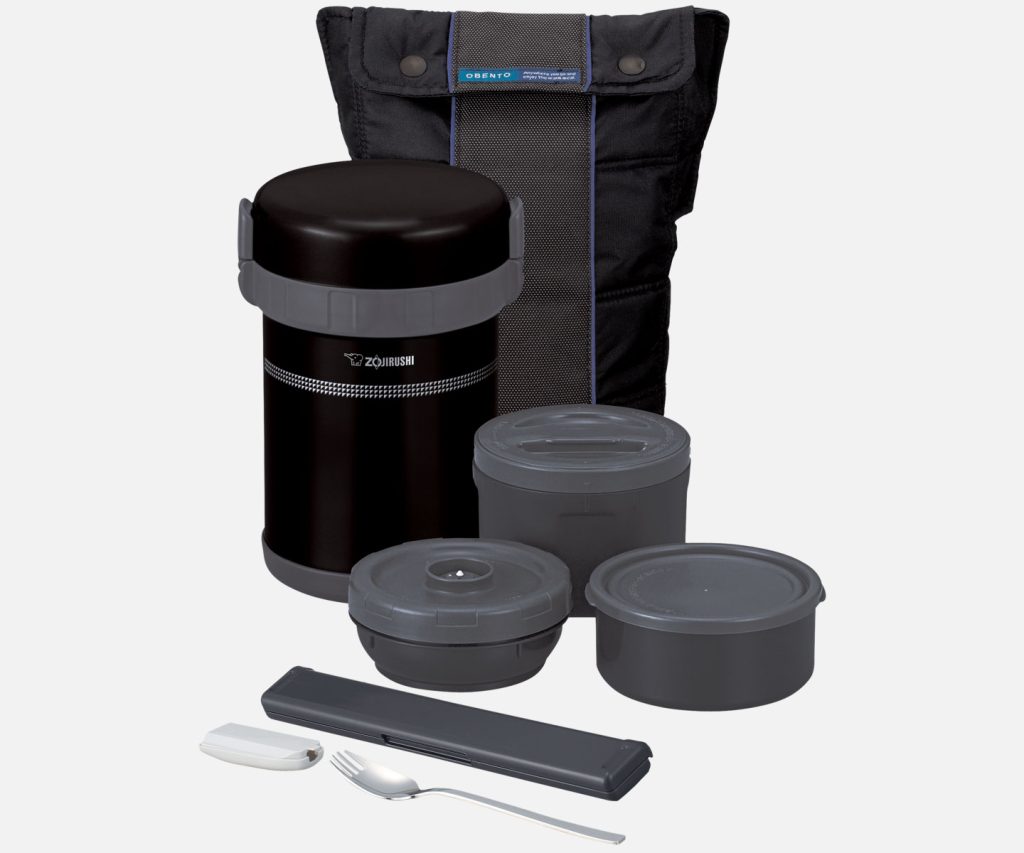 Black lunch jar with gray trimmings, three gray containers, a forked spoon with cover, a chopsticks set, and a carry bag in the back.