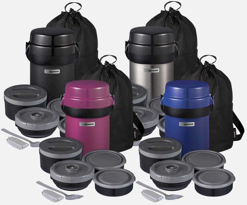 Lunch jar shown in black, stainless, plum, and blue. All with 4 different containers, a forked spoon, and a carrying bag.
