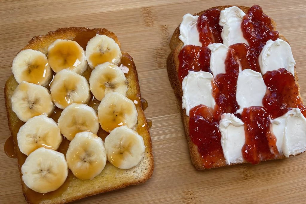 Banana with Caramel Drizzle Toast, Strawberry Jam and Cream Cheese Toast