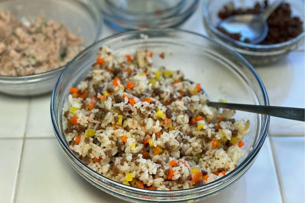 Korean Style Riceball Jumeokbap with Bulgogi, Carrots and Chopped Danmuji