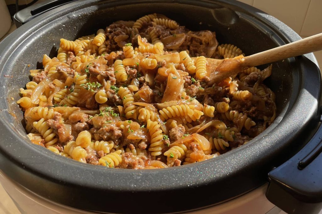 Finished French Onion pasta cooked in electric skillet