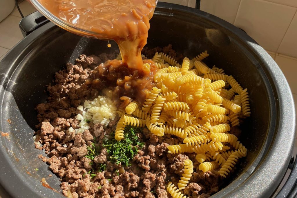 Pouring canned French Onion soup onto mixture of cooked ground beef, garlic, parsley and raw pasta