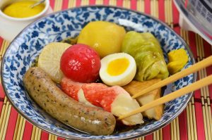 Bowl filled with various oden ingredients