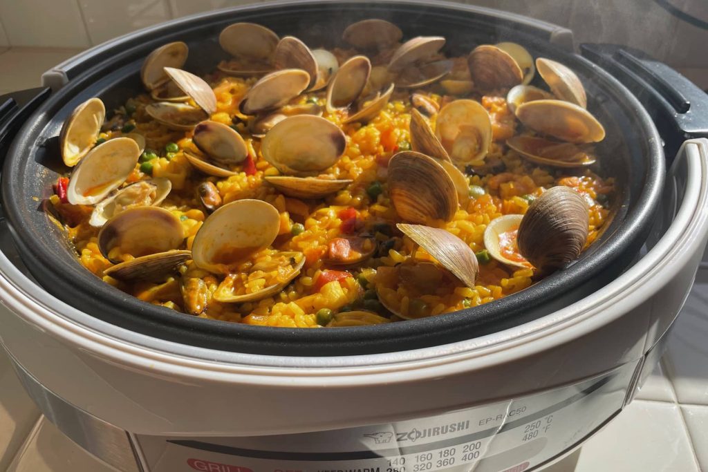 Finished Paella cooked in electric skillet