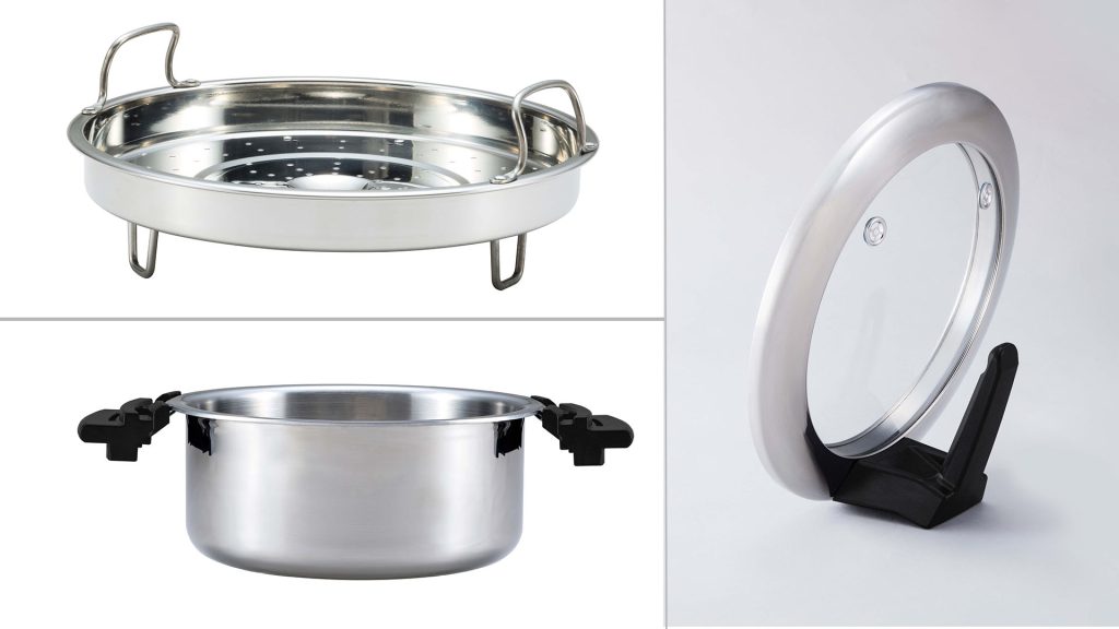 Grid view of lid, steamer and cooking pan