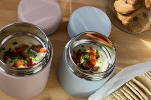 clam chowder soup in food jars