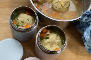 Matzo ball soup in food jar