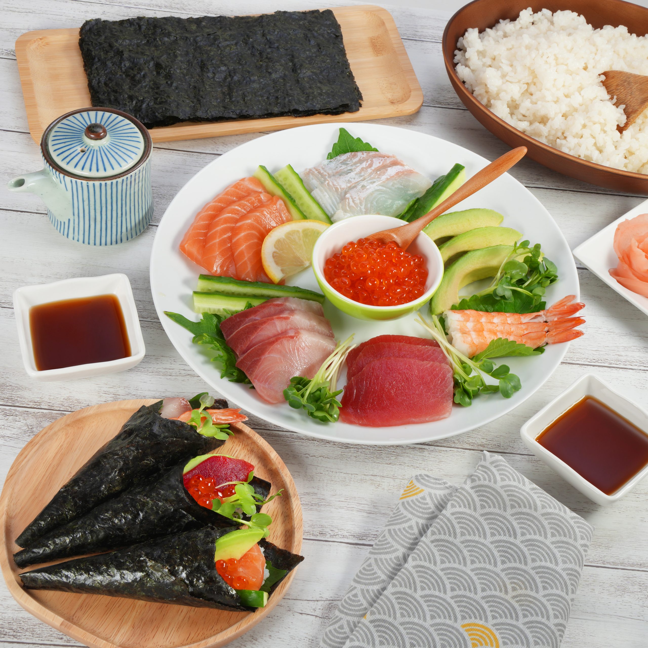 Temaki sushi with ingredients