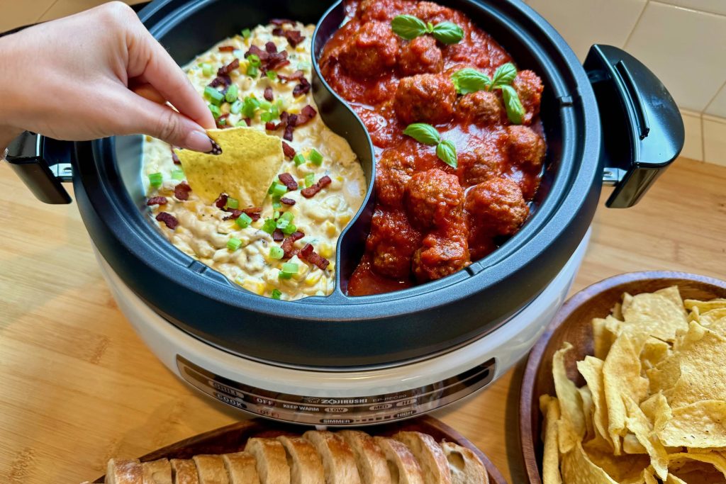 cheese dip and meatball marinara in Yin Yang pot