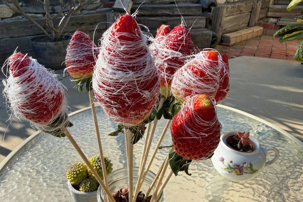 strawberries with marshmallow strands