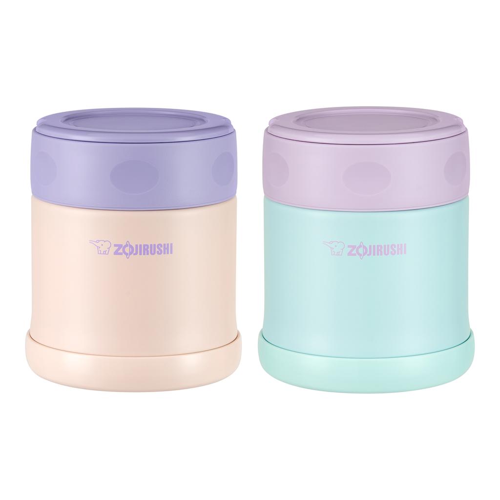 purple lid and peach color food jar, pink lid and light blue color food jar