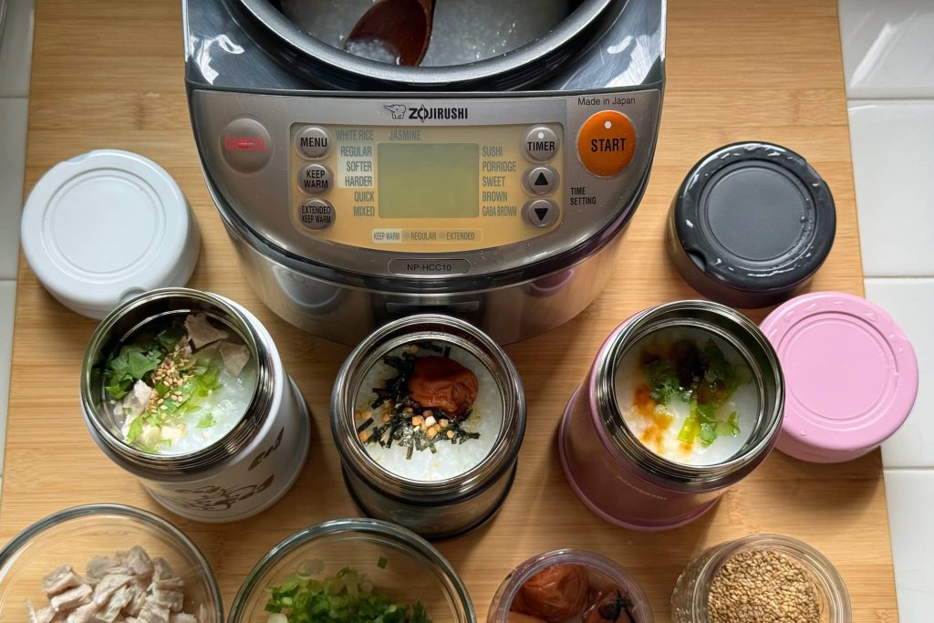 3 types of congee shown with toppings