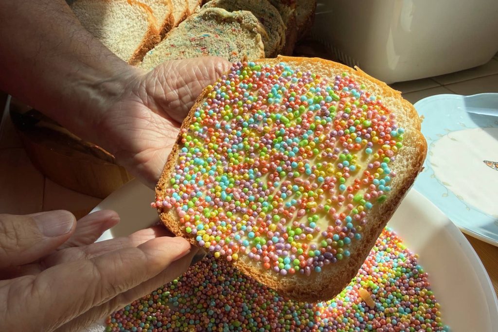 shows fairy bread made with cake dec sprinkles