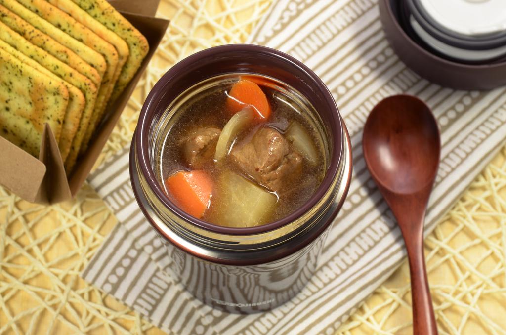 Beefy Daikon Soup in the brown food jar