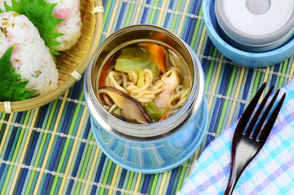 Shiitake Mushroom and Tofu Noodle Soup in the light blue food jar
