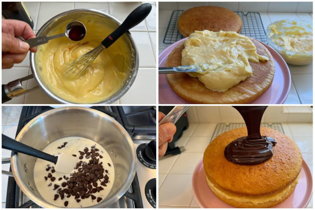 Step-by-step showing making of custard filling and chocolate ganache