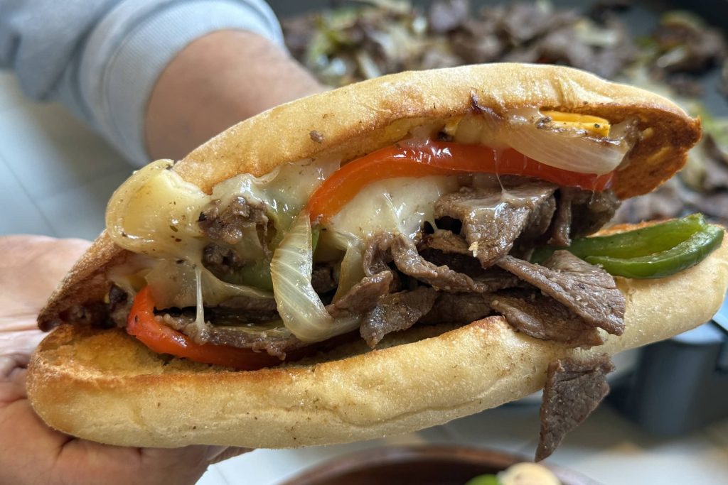 close-up of completed Philly Cheesesteak