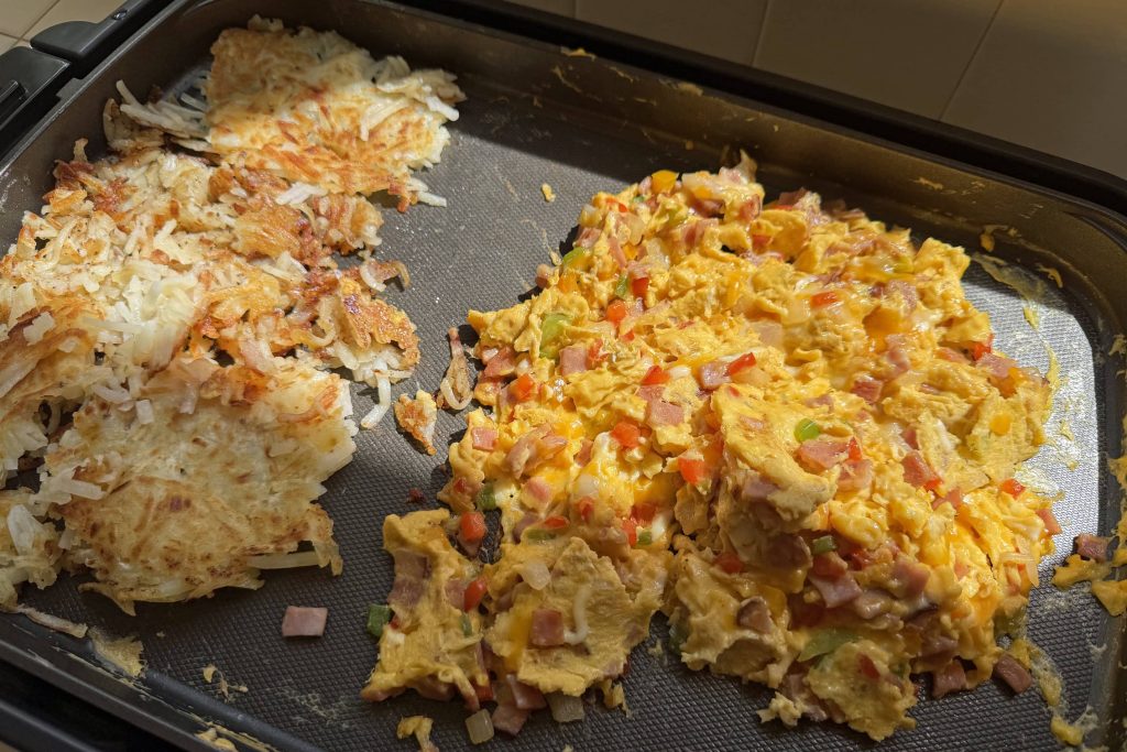 Denver scrambled eggs and hash browns on electric griddle