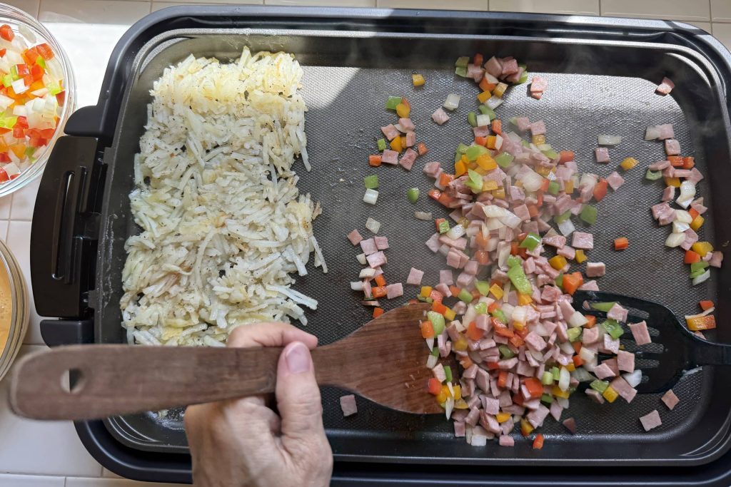 Stir frying ingredients for Denver eggs