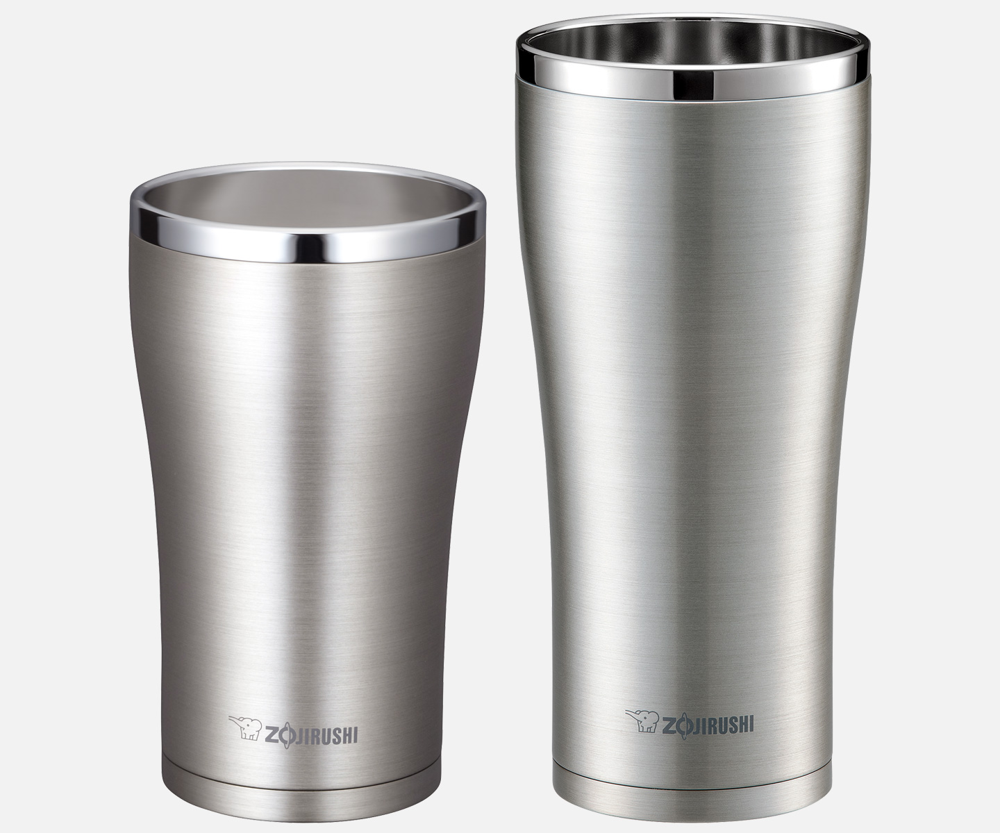 Two stainless tumblers without a lid and in two sizes: the smaller one on the left and the larger one on the right