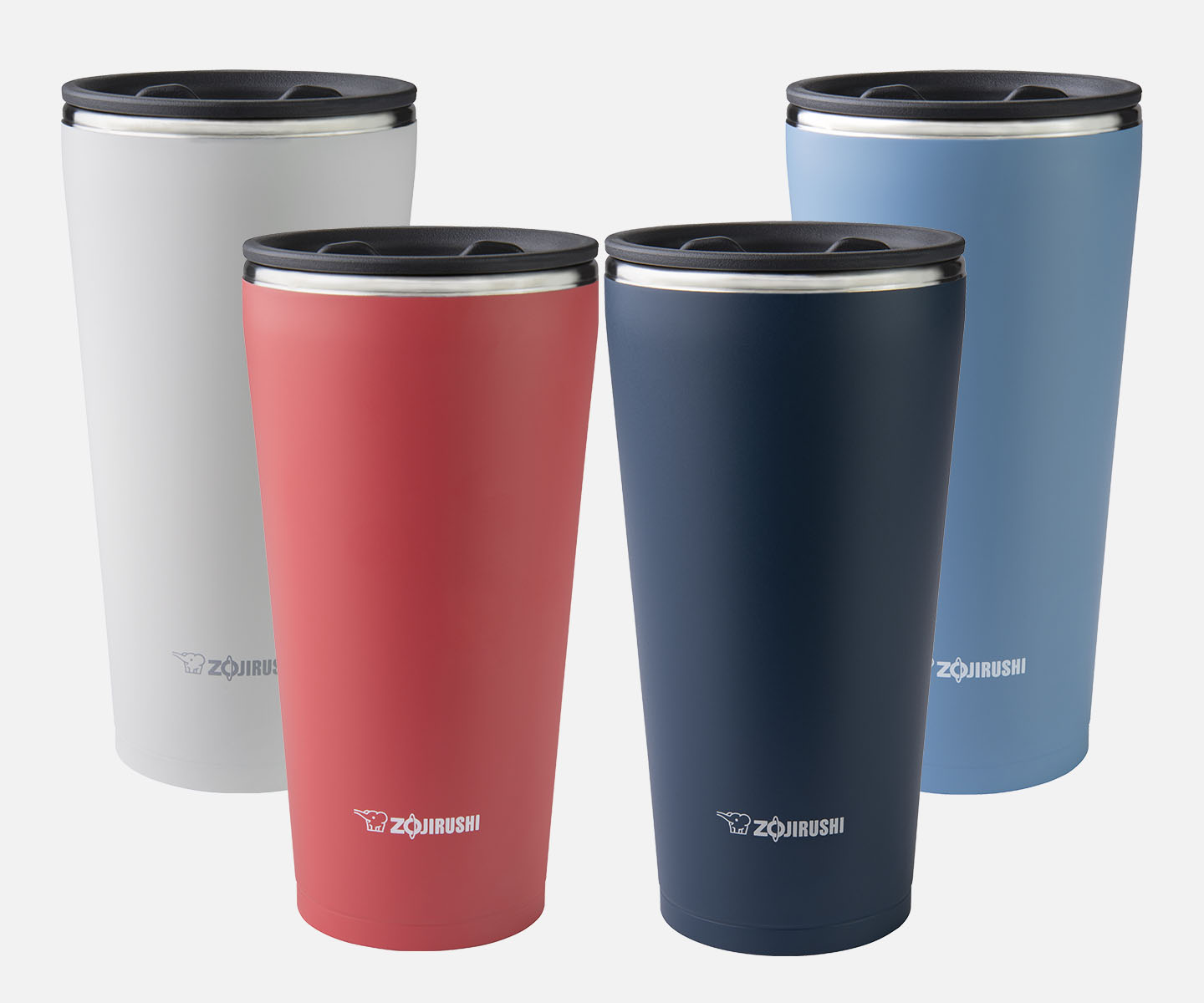 Line up of tumblers in one size in white, coral, navy, and light blue