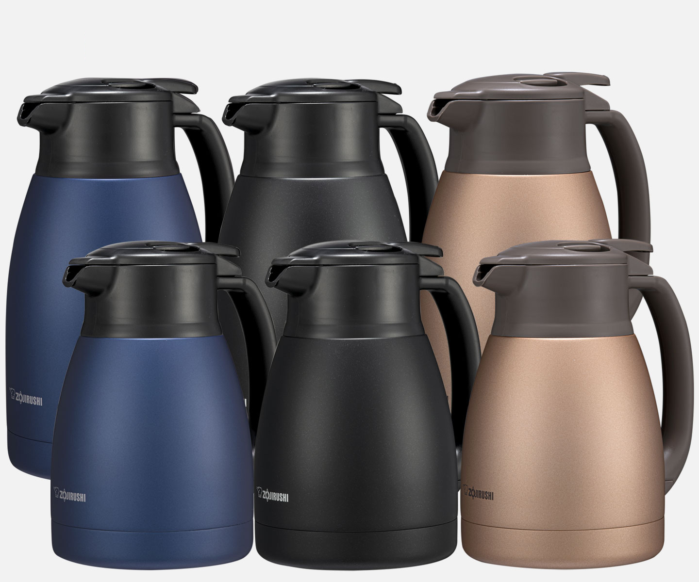 Line up of 6 carafes in navy blue, black, and gold. All colors are displayed in two different sizes.