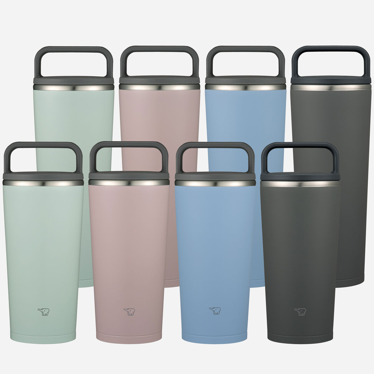 Line up of tumblers with a carry handle and in two different sizes and in colors light green, pink, light blue, and gray.