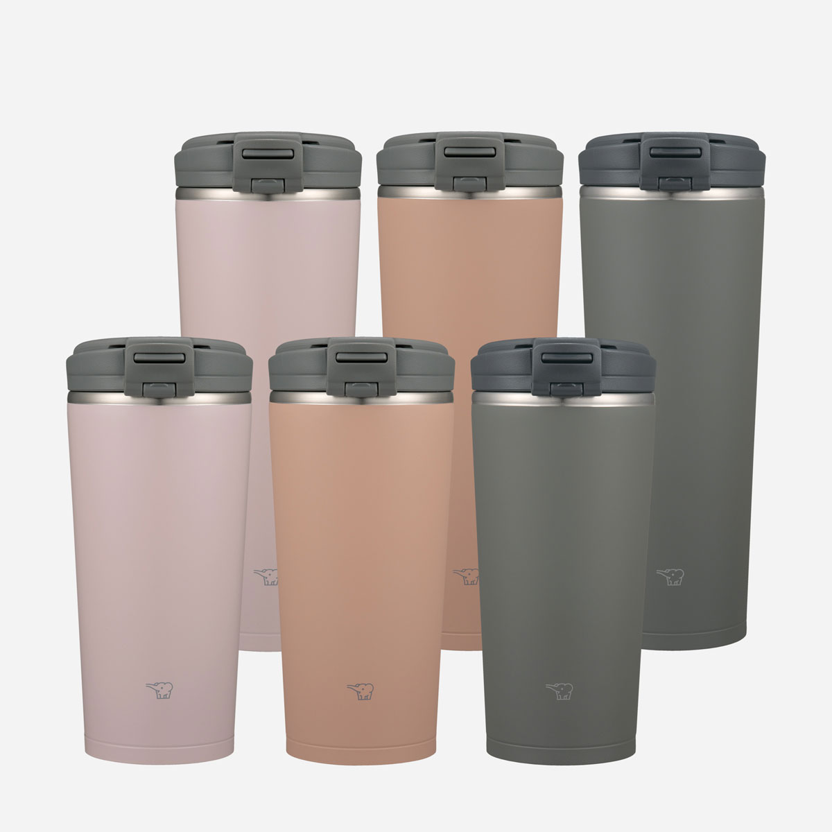 Line up of tumblers in two sizes and in pink, cinnamon, and gray colors
