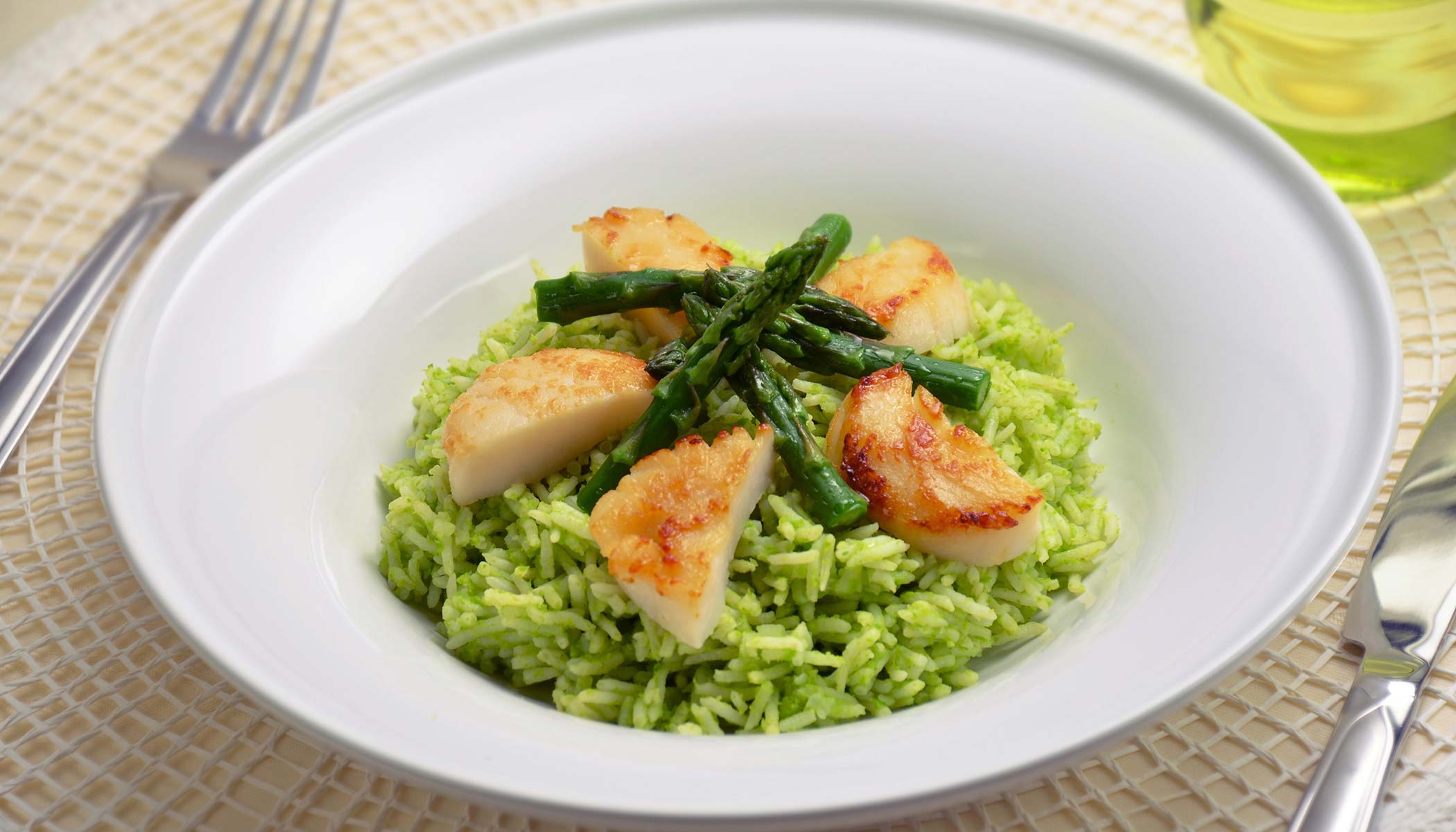 Asparagus Rice with Seared Scallops