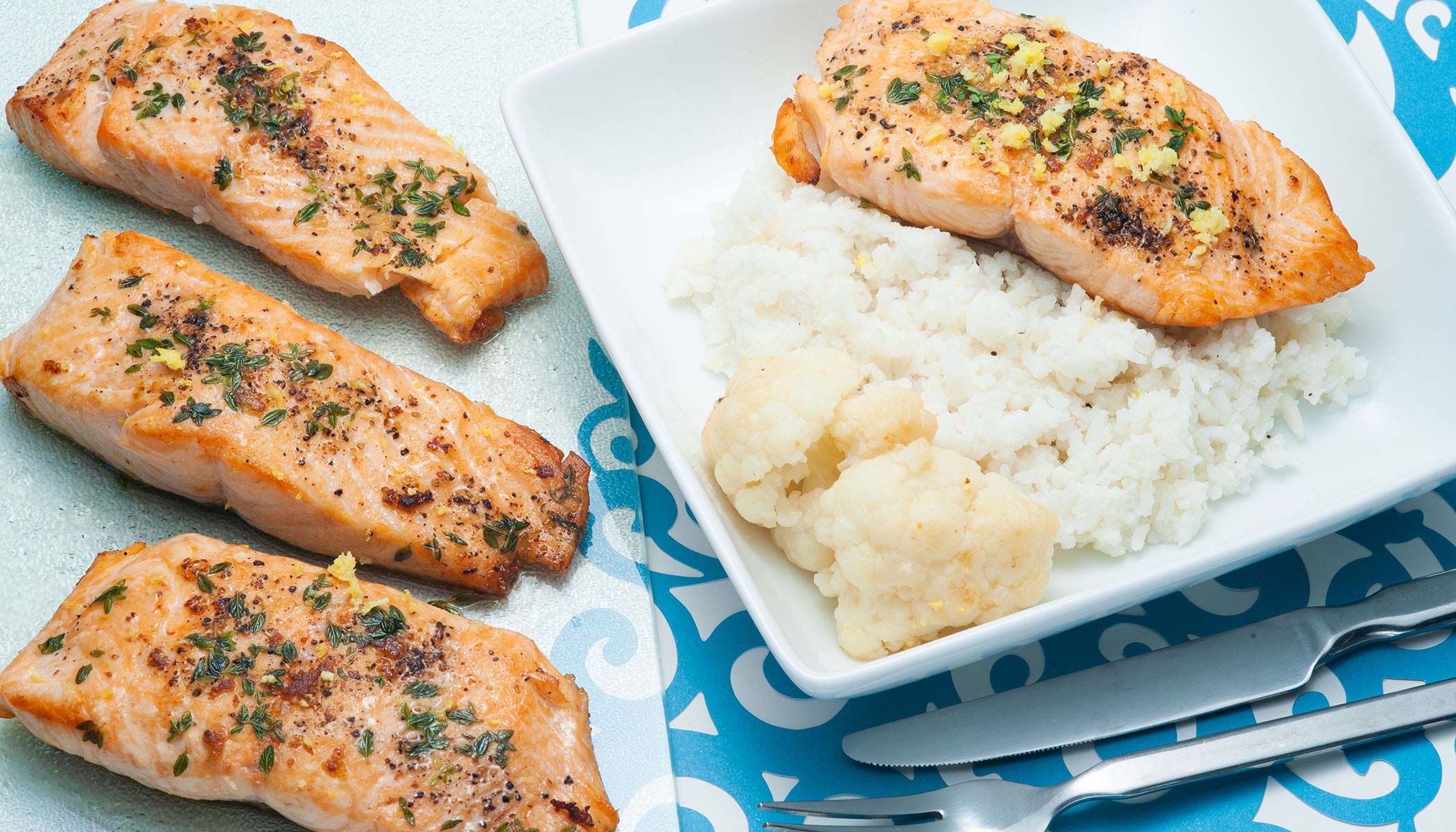 Cauliflower Creamed Rice with Seared Salmon